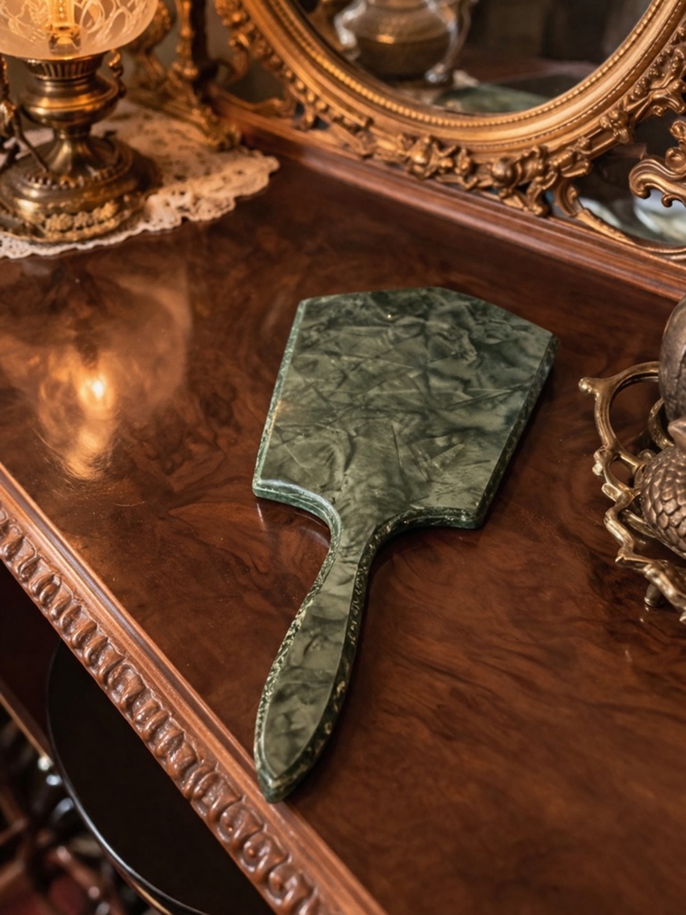 Vintage Art Deco Green Marbleized Lucite Hand Mirror